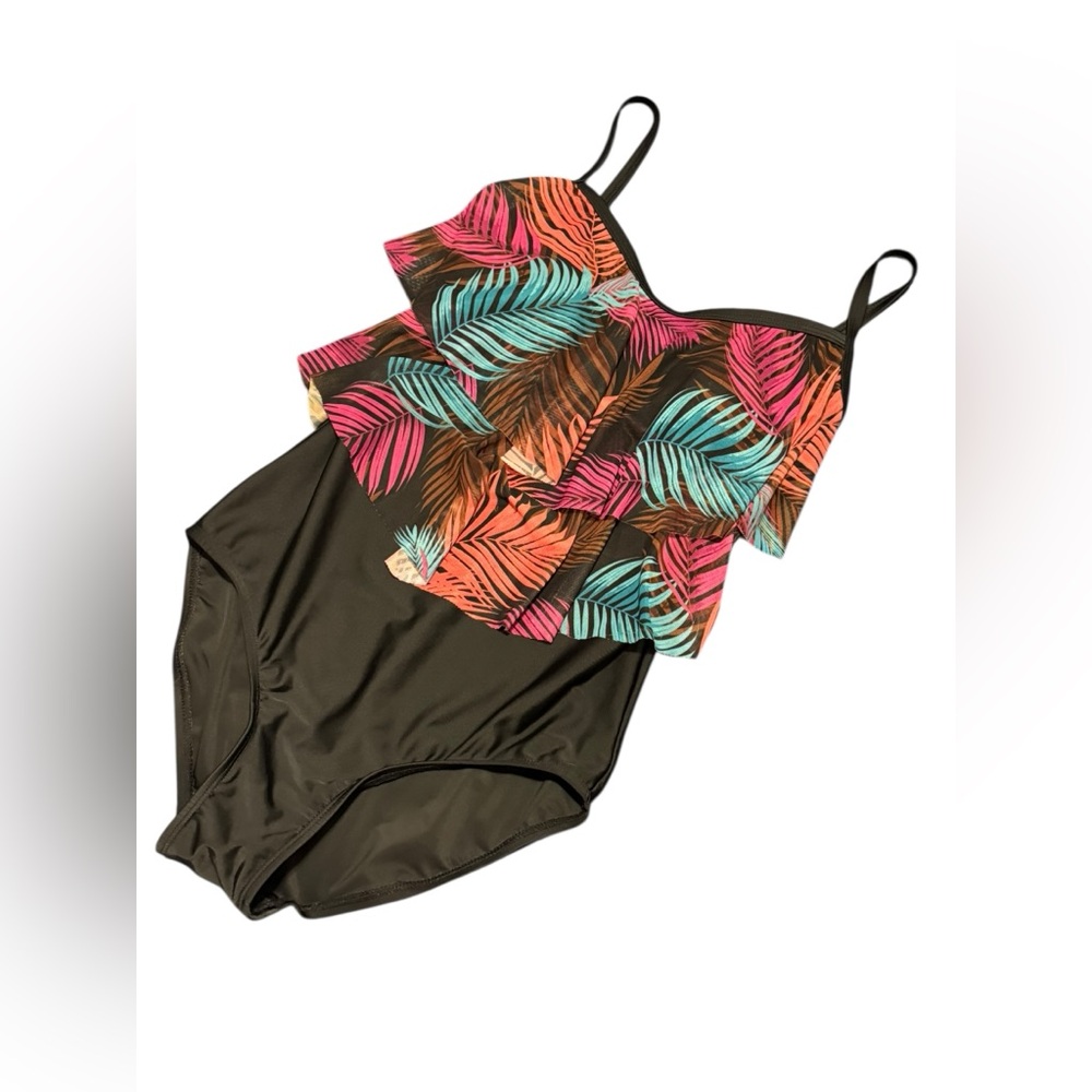 Tropical Ruffle One Piece Palm Leaf Flounce Swimsuit Size 10 Ibiza Swimwear